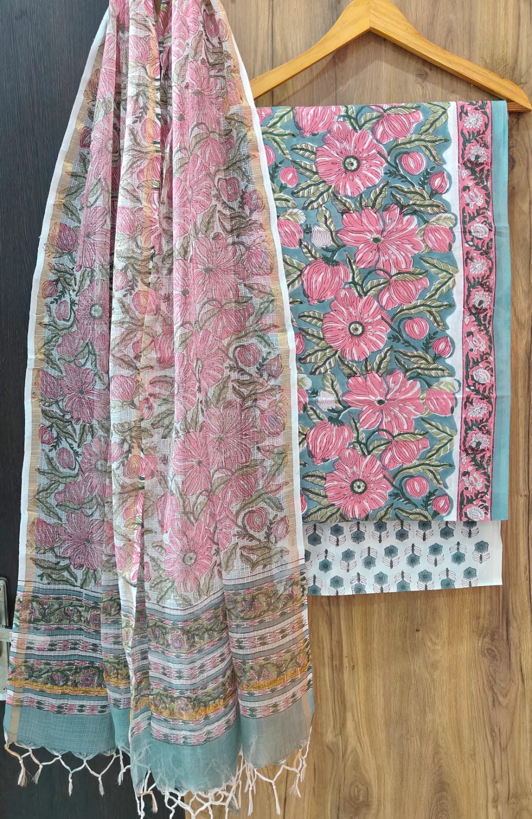 Pure Cotton Hand Block Print Suit With Kota Doriya Dupatta