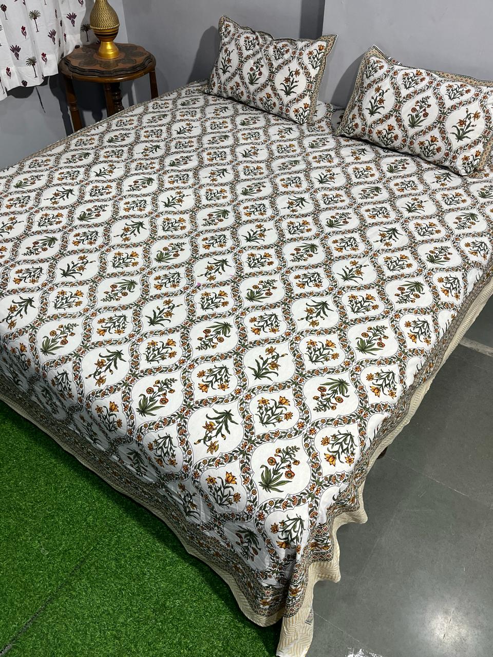 Pure Cotton Hand Block Print Double Bedsheet. ( 90 X 108) with pillow covers