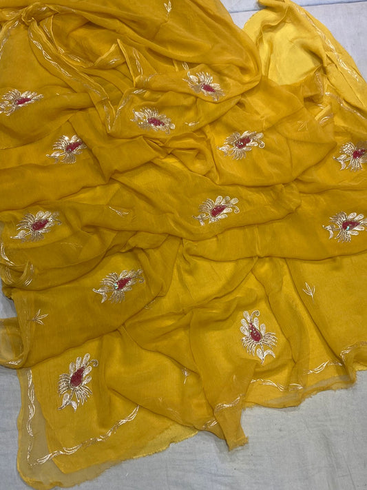 Pure Dimond Chiffon Hand Work Morpankh Saree With Running Blouse