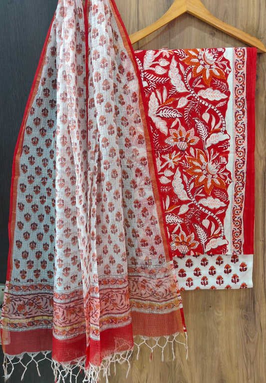 Pure Cotton Hand Block Print Suit With Kota Doriya Dupatta