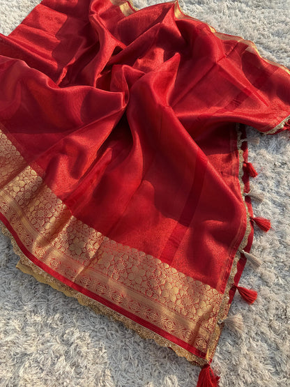 Banarasi Tissue Silk Saree With  Heavy Lace Work Running blouse