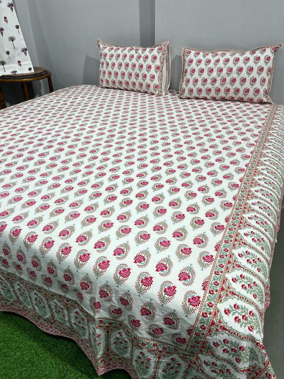 Pure Cotton Hand Block Print Double Bedsheet. ( 90 X 108) with pillow covers