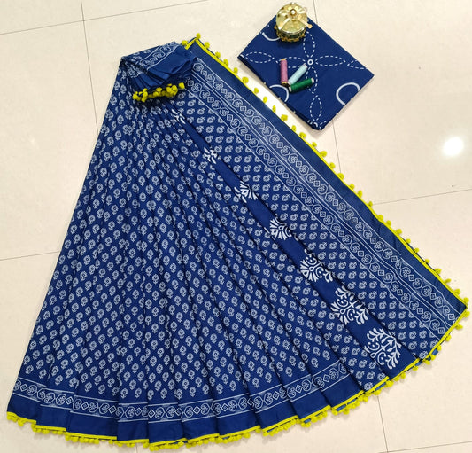 Pure Mulmul Cotton hand block Print Saree with Blouse