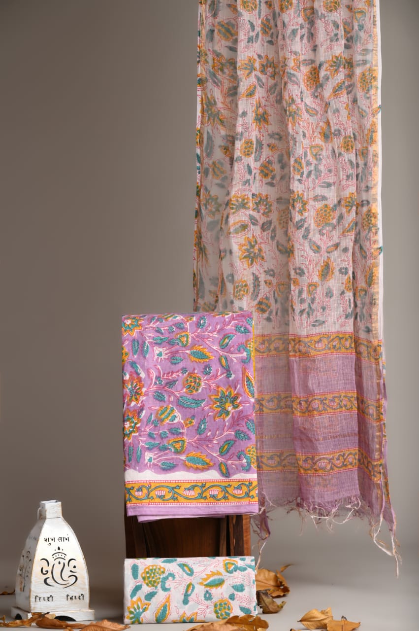 Pure Cotton Hand Block Printed Suit With Kota Doria Dupatta