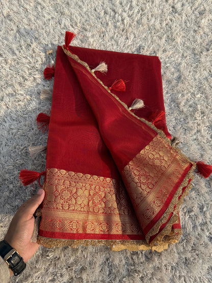 Banarasi Tissue Silk Saree With  Heavy Lace Work Running blouse