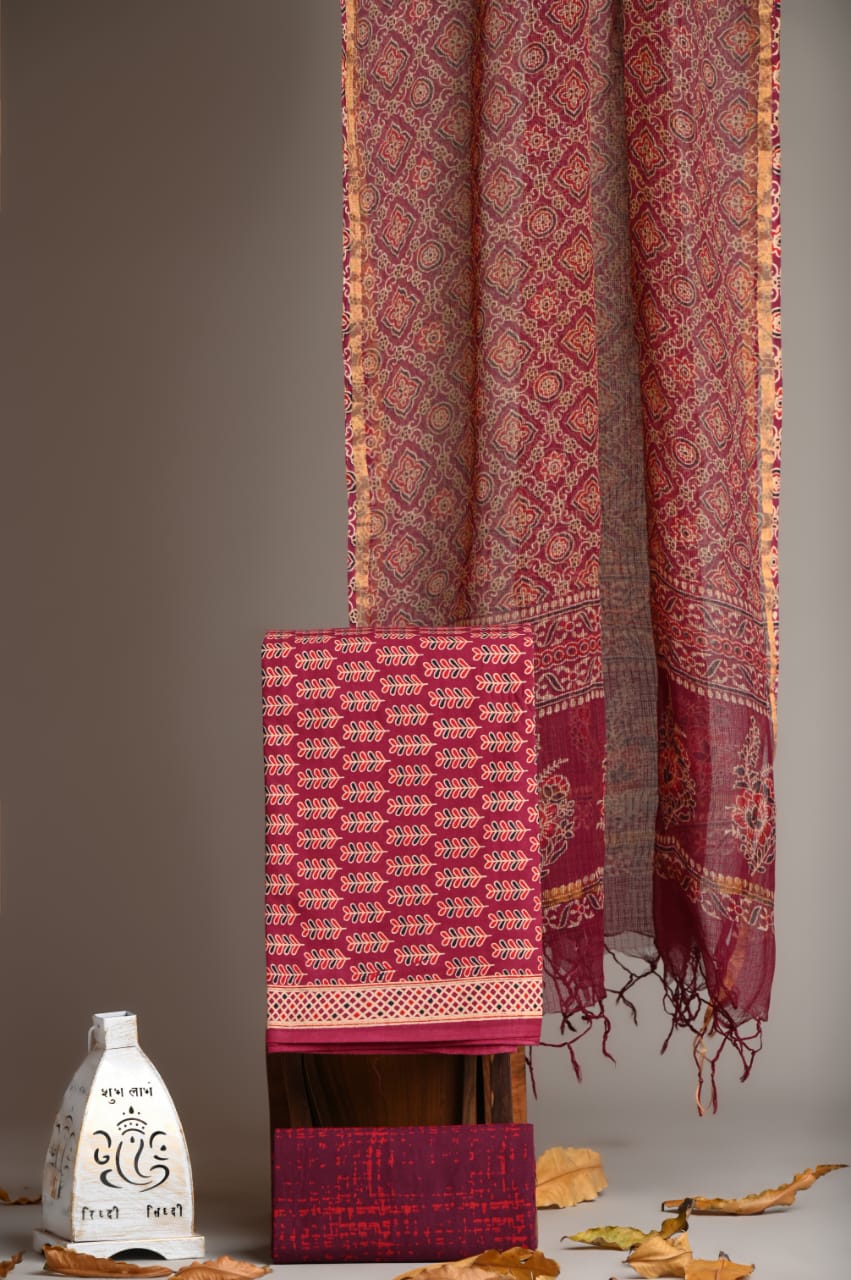 Pure Cotton Hand Block Printed Suit With Kota Doria Dupatta