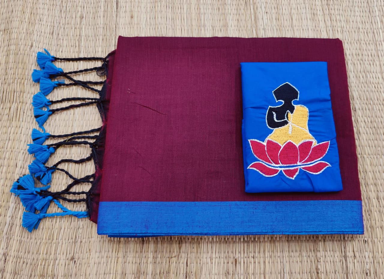 Pure  Khaddi Cotton Saree  With Hand embroidery Work Blouse