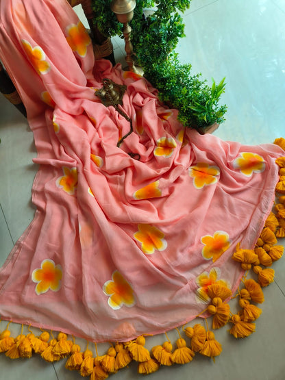 Beautiful Mulmul   Cotton Flowers design Hand Painted Saree