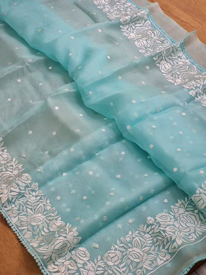 Pure Organza Silk  Parsi Embroidery Work Saree With Heavy Blouse