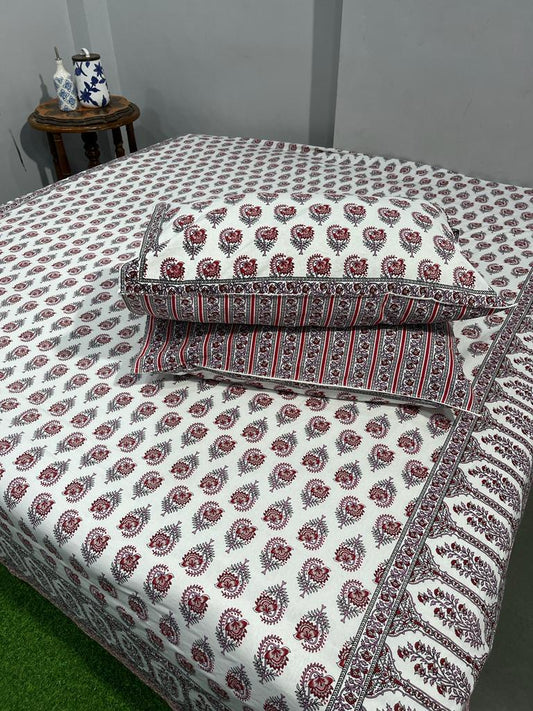 Pure Cotton Hand Block Print Double Bedsheet. ( 90 X 108) with pillow covers