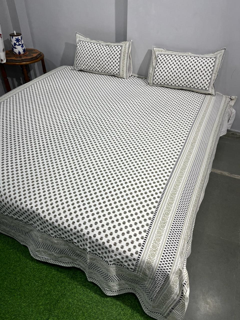 Pure Cotton Hand Block Print Double Bedsheet. ( 90 X 108) with pillow covers