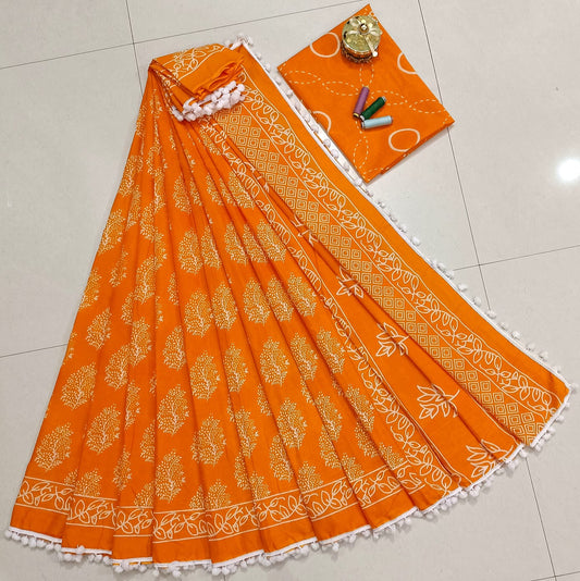 Pure Mulmul Cotton hand block Print Saree with Blouse