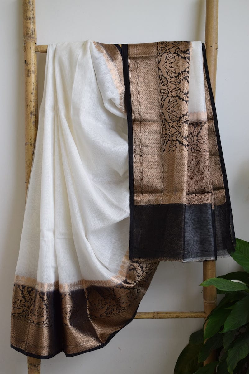 Pure Banarasi Linen Silk Border Saree With Blouse