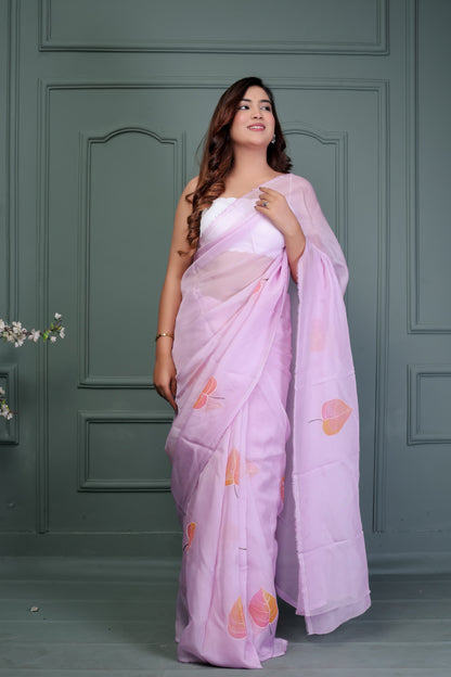 Organza Hand Printed Saree With Blouse