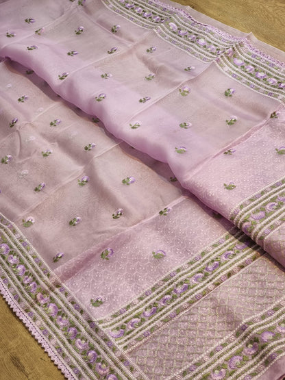 Pure Organza Silk Embroidery Border Buti  Saree With Heavy Blouse