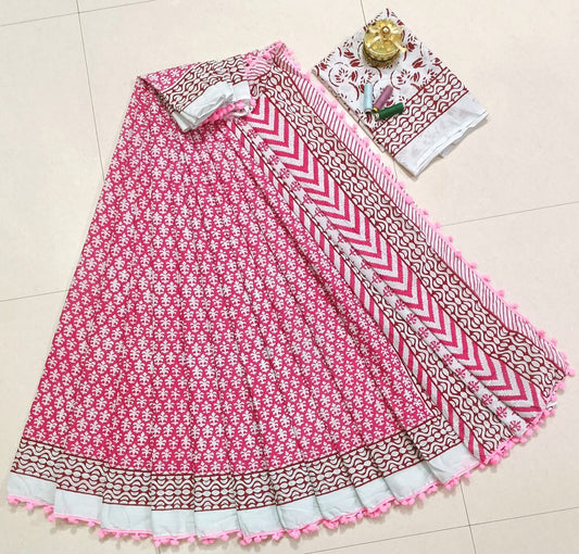 Pure Mulmul Cotton hand block Print Saree with Blouse