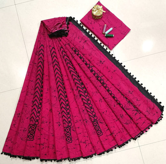 Pure Mulmul Cotton hand block Print Saree with Blouse