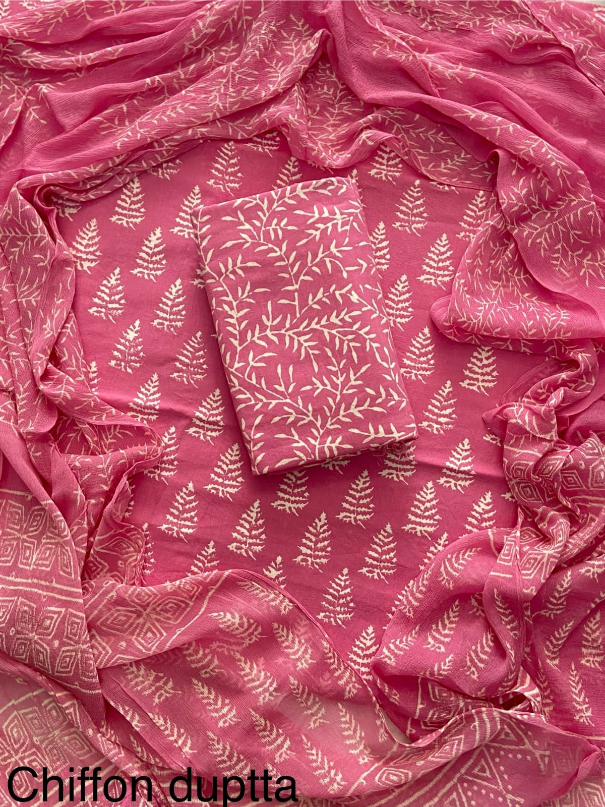 Pure cotton hand-block print suit with Chiffon dupatta