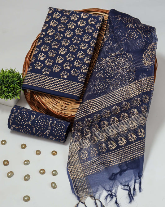 Pure Cotton Unstitched Suit With Organza Silk Dupatta