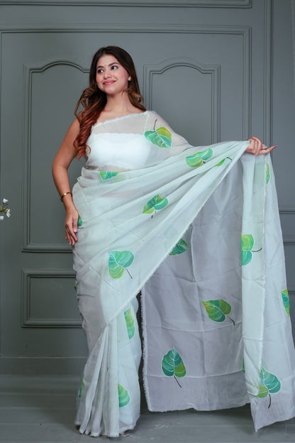 Organza Hand Printed Saree With Blouse