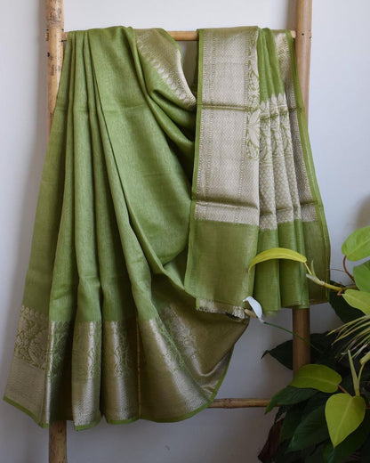 Pure Banarasi Linen Silk Border Saree With Blouse