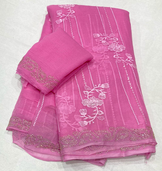 Pure Diamond Chiffon Saree With  Blouse