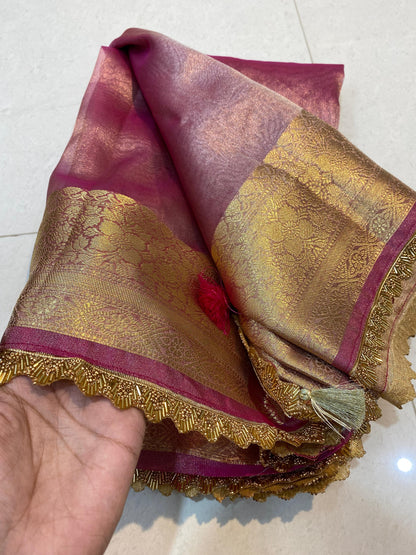 Banarasi Tissue Silk Saree With  Heavy Lace Work Running blouse