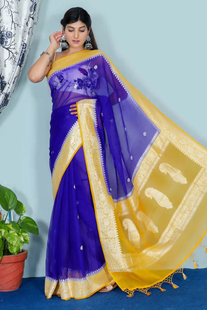 Pure Hand loom Khaddi Chiffon Georgette Saree with Silver Zari Weaving blouse