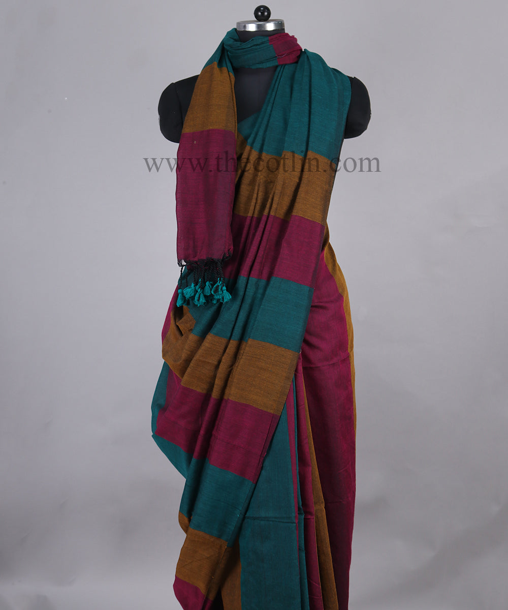 NAVY BLUE KHADI DHANIAKHALIA COTTON HANDLOOM SAREE WITH MULTICOLOR WOV –  ShopBollyWear.Com