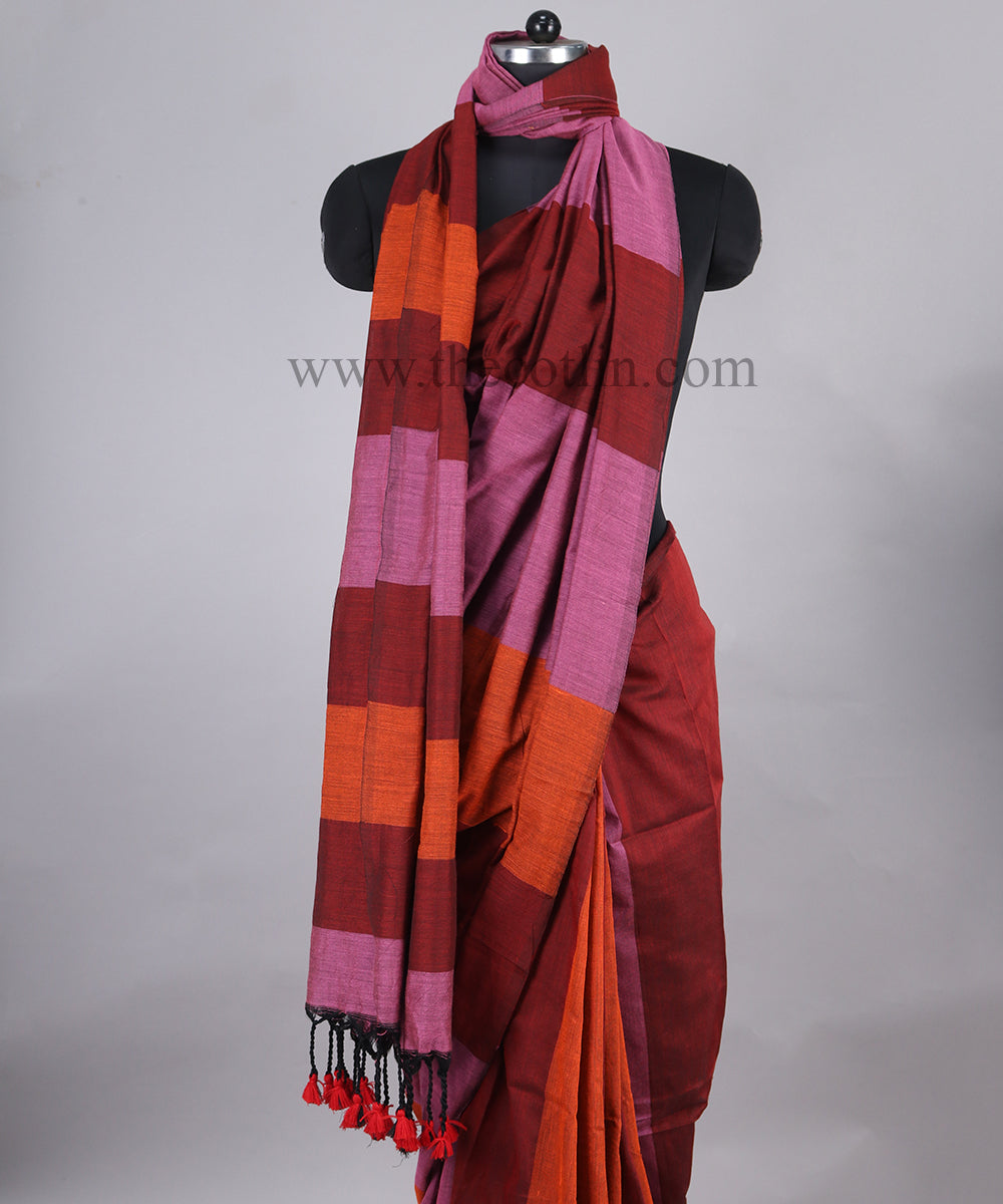 Devi: White and Red Bengali Khadi Cotton Saree - kashtii.in