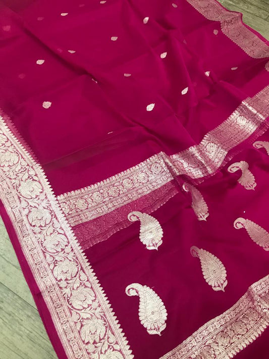 Pure Hand loom Khaddi Chiffon Georgette Saree with Silver Zari Weaving blouse