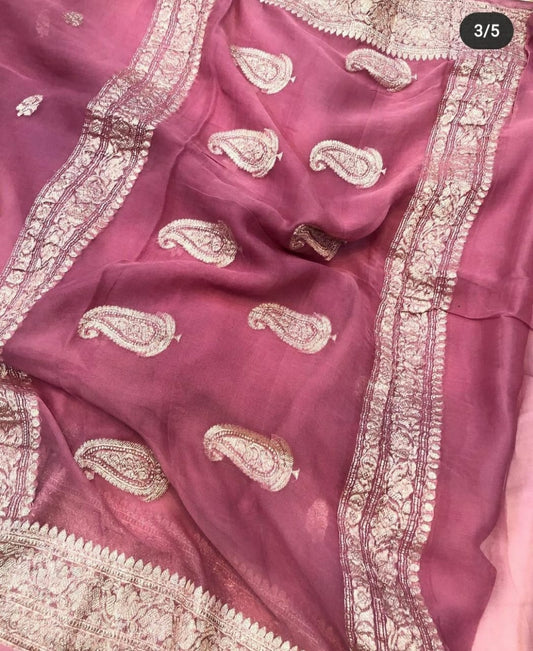 Pure Hand loom Khaddi Chiffon Georgette Saree with Silver Zari Weaving blouse