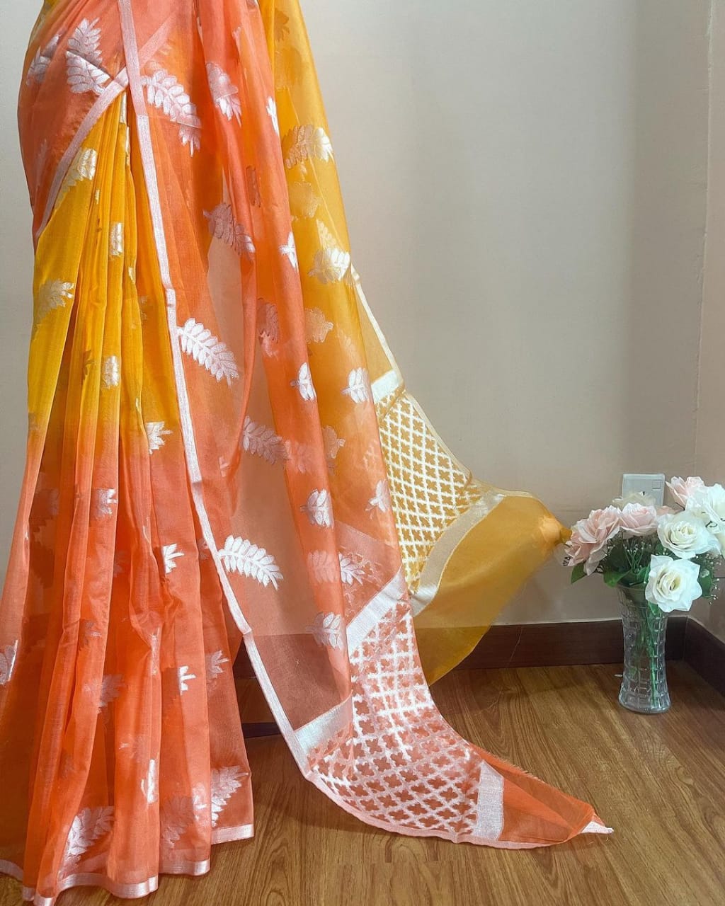 Banarasi Vastra Kora Silk Saree with Meena Tilfi Buta Zari Resham Wove