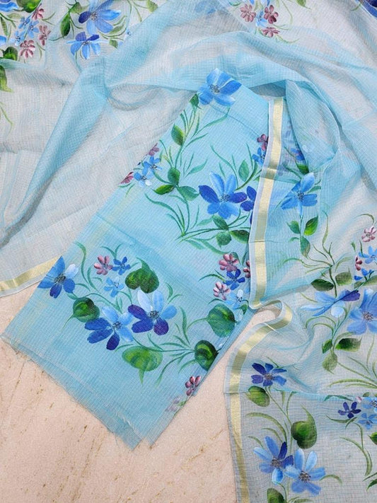 Kota Doria Hand painted Unstitched Suit