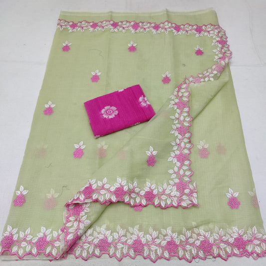 Kota Doria Embroidery Work Saree With Blouse