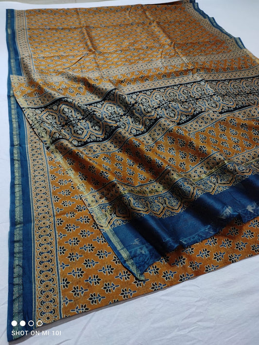 Pure Chanderi Cotton Silk Azrak Print Saree