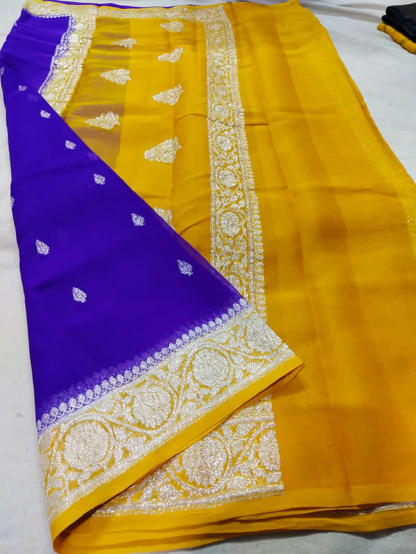 Pure Hand loom Khaddi Chiffon Georgette Saree with Silver Zari Weaving blouse