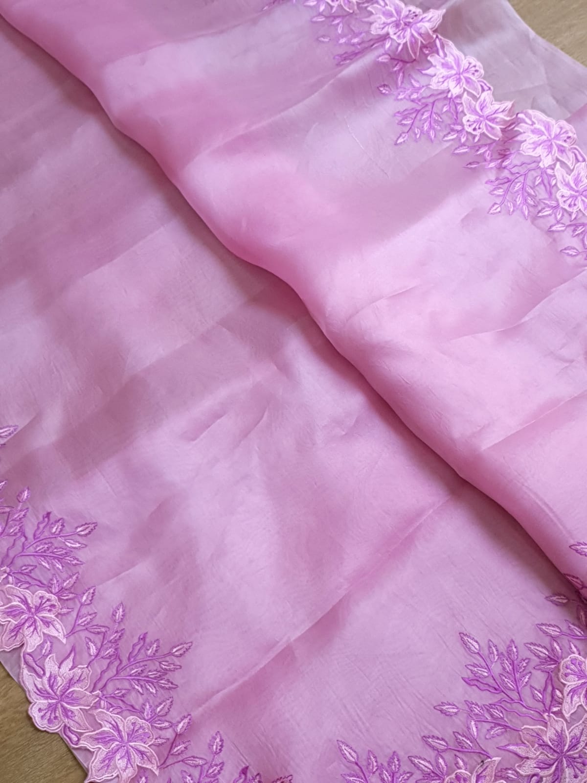 Pink color Pure organza silk Cut work saree