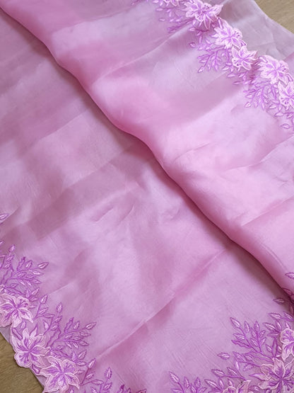 Pink color Pure organza silk Cut work saree