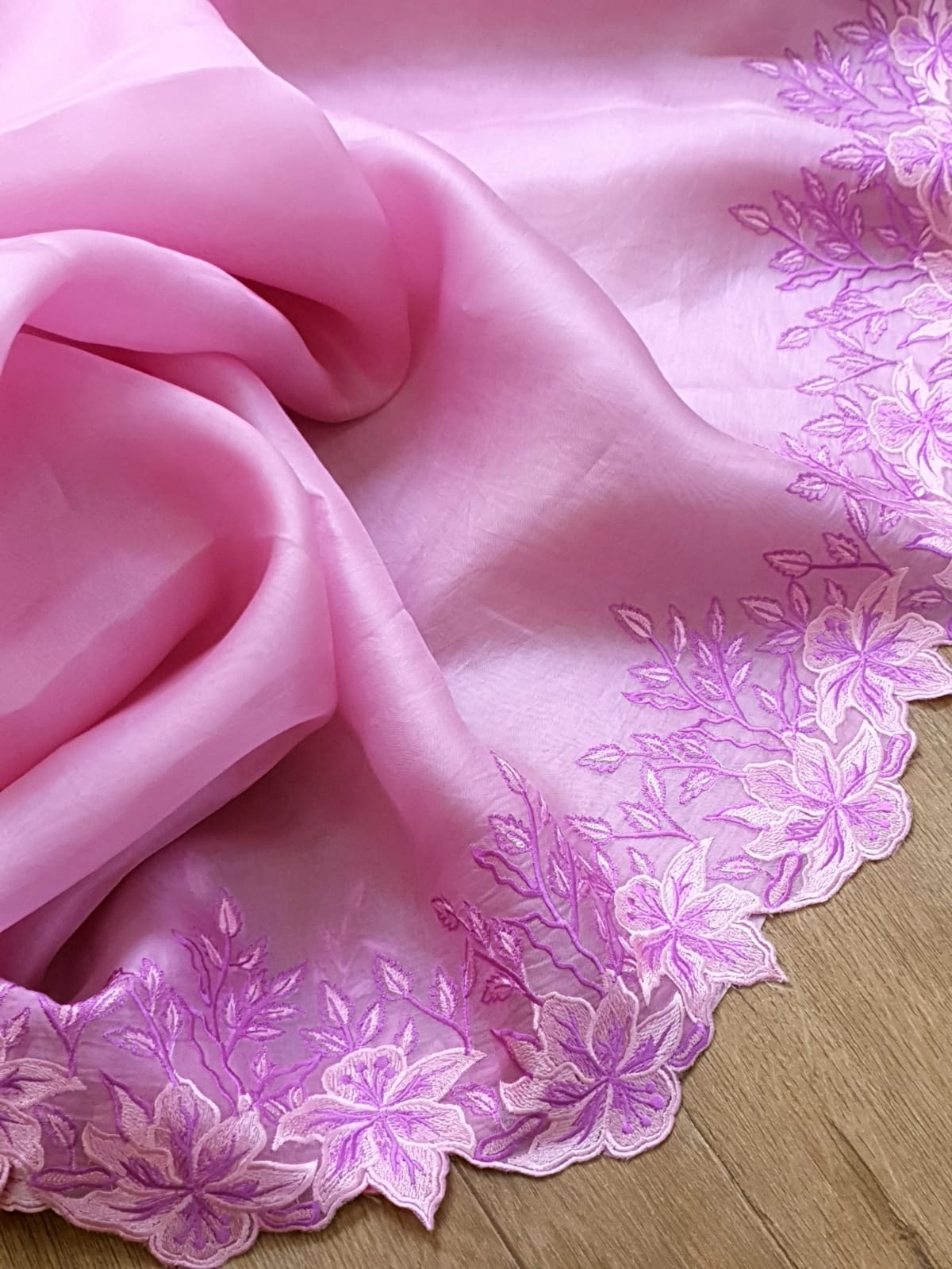 Pink color Pure organza silk Cut work saree