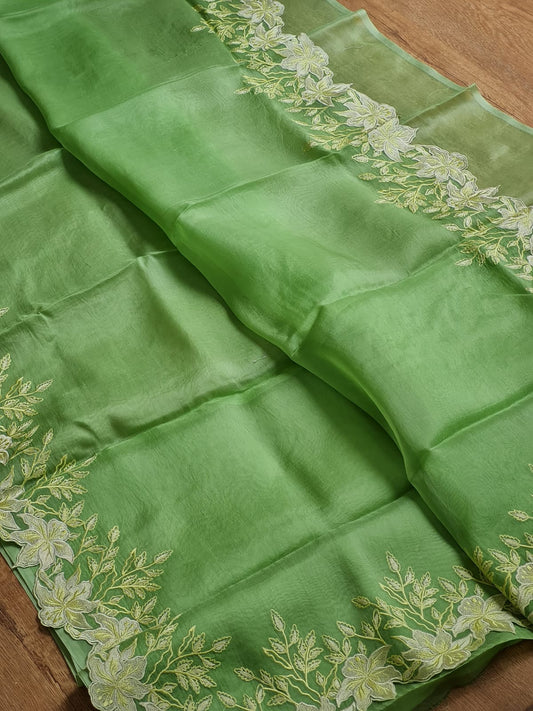 Green color Pure organza silk Cut work saree