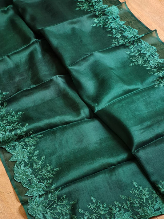 Green color Pure organza silk Cut work saree