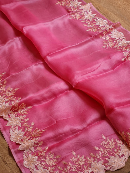 Peach color Pure organza silk Cut work saree