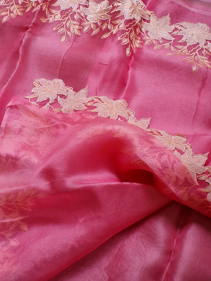 Peach color Pure organza silk Cut work saree