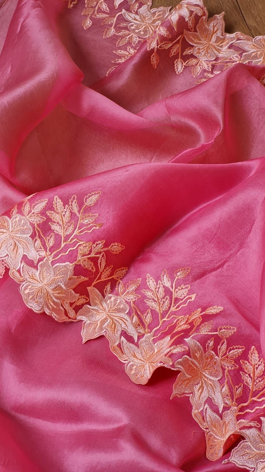 Peach color Pure organza silk Cut work saree