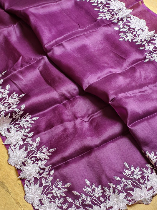 Wine color Pure organza silk Cut work saree