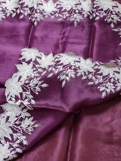 Wine color Pure organza silk Cut work saree