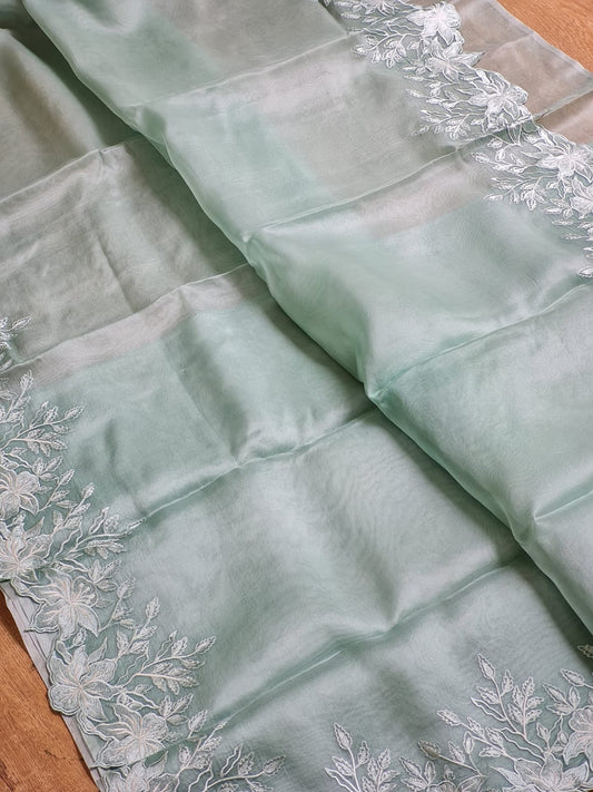 Powder green color Pure organza silk Cut work saree