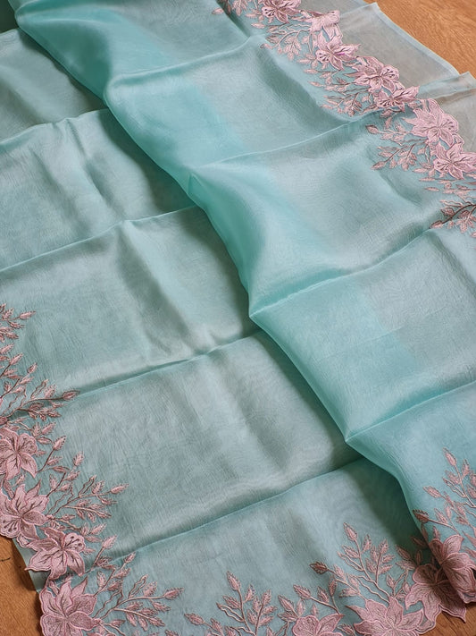 Powder Blue color Pure organza silk Cut work saree