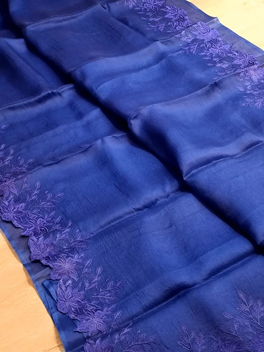 Blue color Pure organza silk Cut work saree